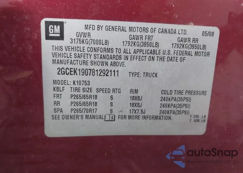 2008 Chevrolet Silverado 1500 Lt1 z USA, uszkodzony, nr VIN 2GCEK190781292111